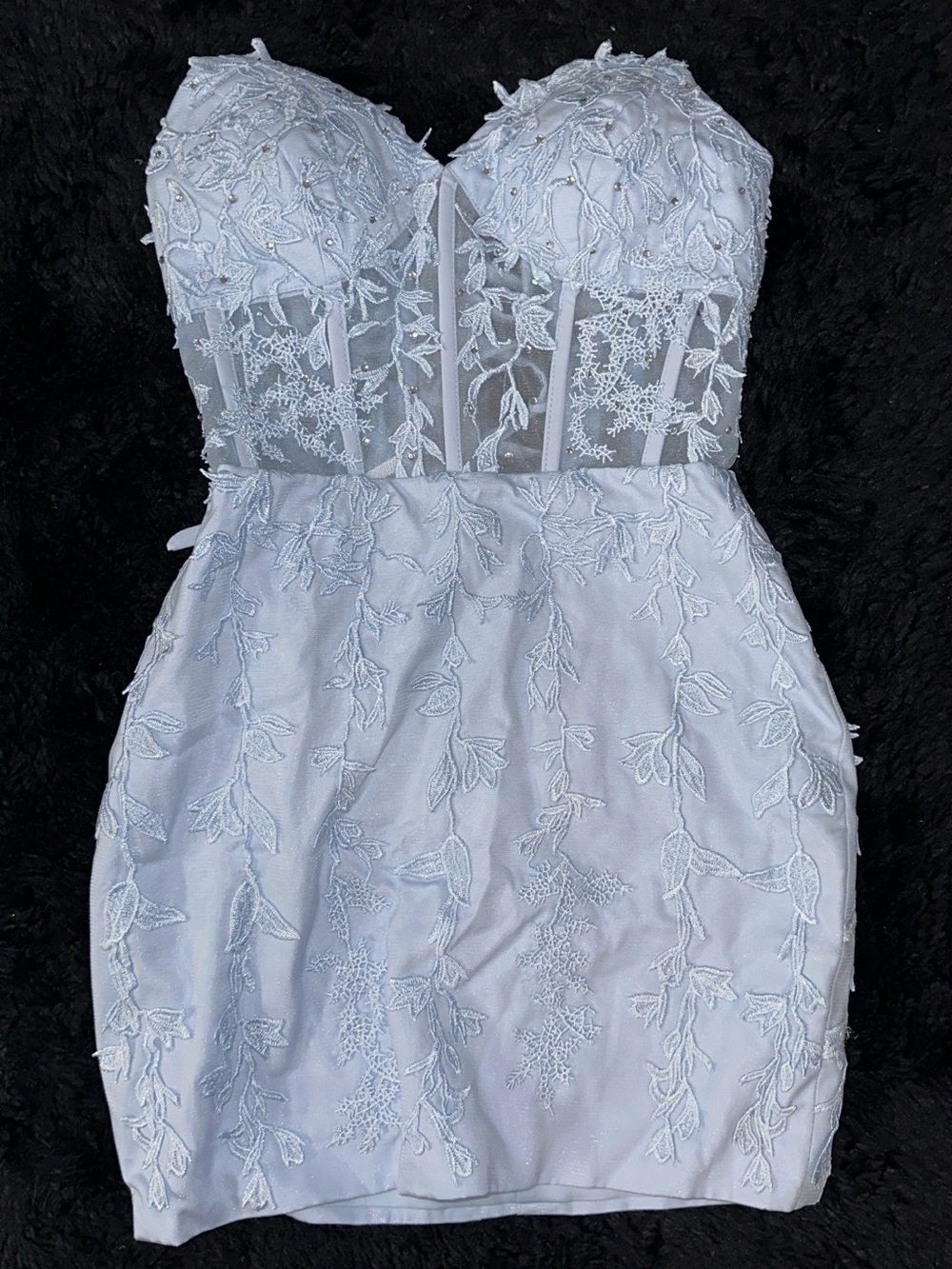 Strapless Floral Appliqué Mini Dress in White